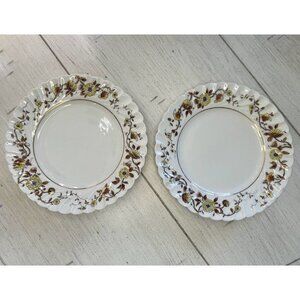 2 Antique Haviland Limoges Salad Plates Brown Gold‎ Yellow Floral Scalloped 8in